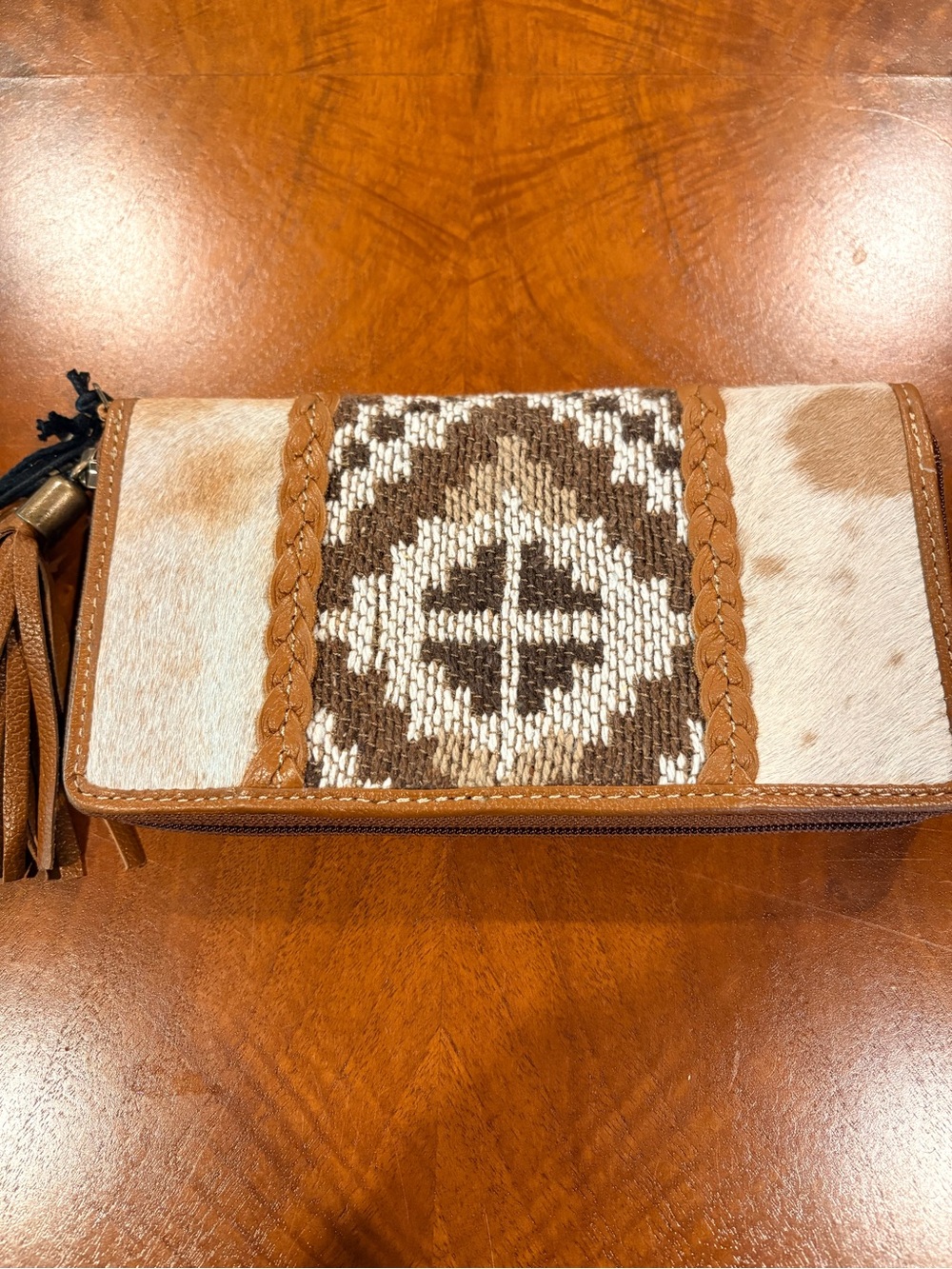 NWT, Myra Bag Brown and Cream Cowhide Wristlet Wallet with Tassel - Picture 2 of 5